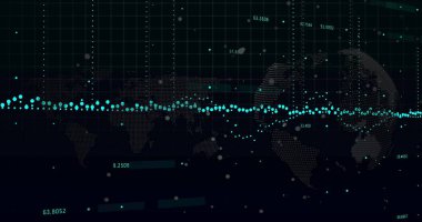 Dünya haritası arkaplanı üzerinde küresel veri noktaları ve sayısal değerler resmi. analitik, teknoloji, istatistik, görselleştirme, sayılar, bilgi