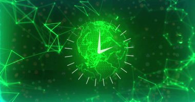 Dünya üzerinde hareket eden saatin görüntüsü ve siyah arkaplandaki bağlantı ağı. Küresel teknoloji, hesaplama, bağlantılar ve dijital arayüz konsepti dijital olarak oluşturuldu.