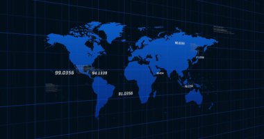 Dünya haritası üzerinde veri işleme resmi. Küresel teknoloji ve dijital arayüz konsepti dijital olarak oluşturuldu.