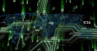 Dünya haritası üzerinde veri işleme ve diyagramlarının resmi. Küresel iş ve dijital arayüz kavramı dijital olarak oluşturulmuş görüntü.