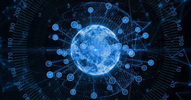 Bağlantılar, dijital veri işleme sistemi. Dijital olarak oluşturulmuş küresel bağlantılar, hesaplama ve veri işleme kavramı.