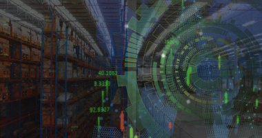 Depoda tarama ve veri işleme görüntüsü. Küresel gönderim, iş, bağlantılar, hesaplama ve veri işleme kavramı dijital olarak oluşturuldu.