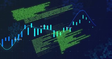 Finansal veriler ve kodlama imajı borsa grafiğinin üzerinde. Maliye, analitik, grafikler, ticaret, yatırım, dijital