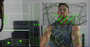 Spor salonunda kürek çeken beyaz adamın tarayıcı, harita ve işlemci görüntüsü. Fitness, refah, dijital arayüz, sağlıklı yaşam tarzı ve iletişim, dijital olarak üretilen görüntü.