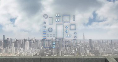 Şehir manzarası üzerinde devre kartı ve veri işleme resmi. Küresel finans, iş, bağlantılar, hesaplama ve veri işleme kavramı dijital olarak oluşturuldu.