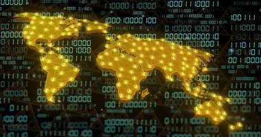 İkili kod resmi üzerinden ağ bağlantıları olan dünya haritası. Teknoloji, bağlantı, küresel, dijital, sanal, yenilik