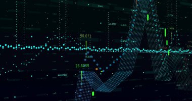 Siyah arkaplan üzerinde dijital veri işleme resmi. Dijital olarak oluşturulmuş küresel bağlantılar, hesaplama ve veri işleme kavramı.
