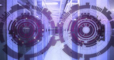 Bilgisayar sunucuları üzerinden veri işleme dürbünü görüntüsü. Küresel finans, iş, bağlantılar, hesaplama ve veri işleme kavramı dijital olarak oluşturuldu.