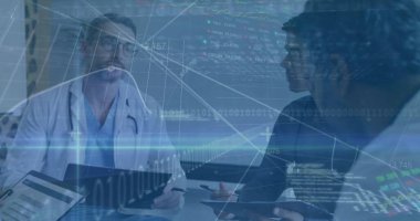 Çeşitli doktorların finansal veri işleme görüntüsü. Küresel tıp, işletme, bağlantılar, hesaplama ve veri işleme kavramı dijital olarak oluşturulmuş görüntü.