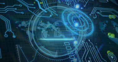 Bilgisayar devre kartı görüntüsü ve asma kilit ikonuyla siber güvenlik taraması. Küresel teknoloji, bilgisayar, çevrimiçi güvenlik ve dijital arayüz kavramı dijital olarak oluşturulmuş görüntü.