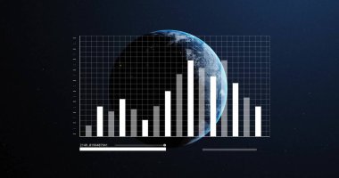 Finansal veriler ve borsa görüntüsü dünya üzerinde grafikler ve grafiklerle dönüyor. Finans, veri görselleştirme, küresel, ekonomi, yatırım, analitik