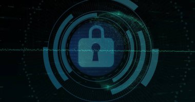 Diyagram üzerinde tarama ve asma kilit görüntüsü. Teknoloji, güvenlik ve dijital arayüz kavramı dijital olarak oluşturulmuş görüntü.