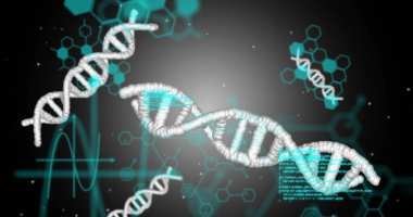 DNA iplikleri ve veri işleme resimleri. Küresel bilim, bağlantılar, hesaplama ve veri işleme kavramı dijital olarak oluşturulmuş görüntü.
