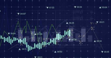 Finansal veri işleme görüntüsü ve karanlık arka plan istatistikleri. Küresel finans, iş, bağlantılar, hesaplama ve veri işleme kavramı dijital olarak oluşturuldu.