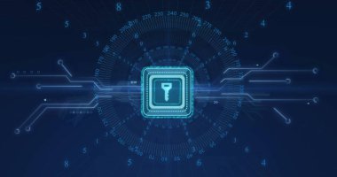 Siyah arkaplanda bilgisayar devre kartı olan anahtar simgesi üzerinde veri işleme resmi. Küresel teknoloji, bilgisayar ve dijital arayüz kavramı dijital olarak oluşturulmuş görüntü.