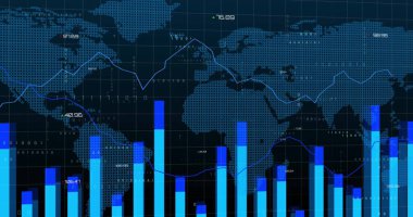 Avrupa ve Afrika 'nın dijital haritası üzerinden finansal veriler ve grafikler. Finans, ekonomi, veri görselleştirme, teknoloji, analitik, küresel iş
