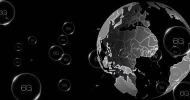 6G metin ve veri işleme görüntüsü. Dijital olarak oluşturulmuş küresel bağlantılar, hesaplama ve veri işleme kavramı.