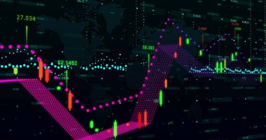 Dünya haritası üzerinde finansal veri işleme resmi. Küresel finans, iş, bağlantılar, hesaplama ve veri işleme kavramı dijital olarak oluşturuldu.