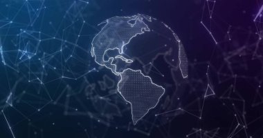 Siyah arkaplandaki dünya üzerindeki bağlantı ağının resmi. Küresel bağlantılar, teknoloji ve dijital arayüz konsepti dijital olarak oluşturuldu.