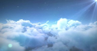 Mavi gökyüzünde bulutların ve ışık izlerinin görüntüsü. Şekiller, hareket ve arkaplan kavramı dijital olarak oluşturuldu.