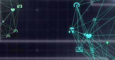 Işık noktalarının üzerindeki simgelerle bağlantı ağının görüntüsü. Sosyal medya, teknoloji ve dijital arayüz kavramı dijital olarak oluşturuldu.