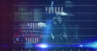 Karanlık arka planda dünya haritasında finansal veri işleme resmi. Küresel finans, iş, bağlantılar, hesaplama ve veri işleme kavramı dijital olarak oluşturuldu.