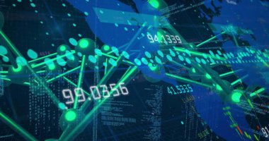 Siyah arkaplandaki bağlantı ağı üzerinden veri işleme resmi. Küresel teknoloji, hesaplama, bağlantılar ve dijital arayüz konsepti dijital olarak oluşturuldu.