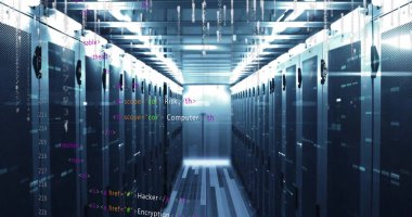 Bilgisayar sunucuları üzerinden dijital veri işleme resmi. Dijital olarak oluşturulmuş küresel bağlantılar, hesaplama ve veri işleme kavramı.