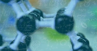 Laboratuvardaki ekipman yerine matematiksel denklemlerin görüntüsü. Bilim, tıp, denklemler ve dijital arayüz konsepti dijital olarak oluşturulmuş görüntü.