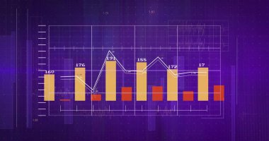 Mor arkaplandaki finansal veri işleme resmi. Küresel iş, bağlantılar, hesaplama ve veri işleme kavramı dijital olarak oluşturulmuş resim.