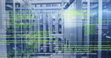 Sunucu odasının üzerinde sarı ve beyaz metin veri işleme katmanlarının görüntüsü. Ağ, veri, dijital arayüz ve iletişim, dijital olarak oluşturulmuş resim.