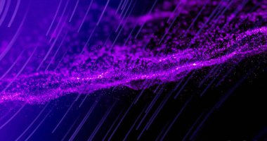 Siyah arka planda hareket eden pembe şekiller ve izler. Desen, soyutlama ve dijital arayüz konsepti dijital olarak oluşturulmuş görüntü.