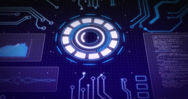 Siyah arkaplandaki bilgisayar devre kartının üzerinde veri işleme ile tarama kapsamı resmi. Küresel teknoloji, bağlantılar, hesaplama ve dijital arayüz kavramı dijital olarak oluşturulmuş görüntü.