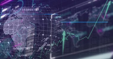 Dünya ve oklar üzerindeki veri işleme ve diyagramlarının resmi. Küresel iş ve dijital arayüz kavramı dijital olarak oluşturulmuş görüntü.