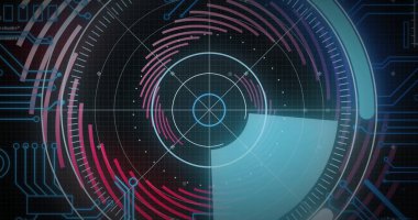 Siyah zemin üzerinde dönen çizgiler üzerinde bilgisayar devre kartı ile tarama alanı görüntüsü. Küresel teknoloji, bilgisayar ve dijital arayüz kavramı dijital olarak oluşturulmuş görüntü.
