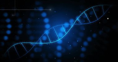 Işık noktalarının üzerindeki DNA iplikçikleri. Küresel bilim, teknoloji ve dijital arayüz kavramı dijital olarak oluşturulmuş görüntü.
