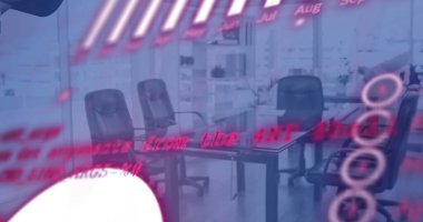 Mavi ofis toplantı odasındaki kırmızı çizelgeler verileri işliyor. Ağ, veri, dijital arayüz, işleme, iş ve iletişim, dijital olarak oluşturulmuş görüntü.