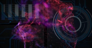 Dijital parçacıklar dairesel elementlerle gelecek arayüzü üzerinde soyut şekiller oluşturuyorlar. Teknoloji, yenilik, ağ, siber, veri, sanal