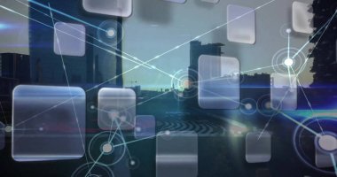 Şehir manzarası üzerindeki bağlantı ağının resmi. Dijital olarak oluşturulmuş küresel bağlantılar, hesaplama ve veri işleme kavramı.