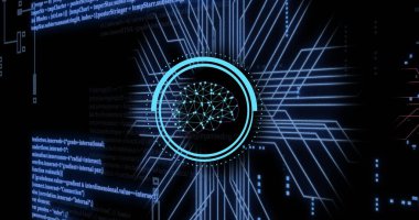 Dijital beyin ve sinirsel ağ görüntüsü, siyah arkaplandaki gelecekteki mavi çizgiler üzerinde. Yapay zeka, teknoloji, siber, sanal, veri, bağlantı