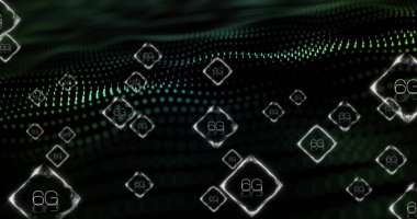 Parlayan noktalar ve ızgara desenli dijital dalga resmi üzerinde 6G metin. Teknoloji, gelecek, yenilik, ağ, bağlantı, iletişim