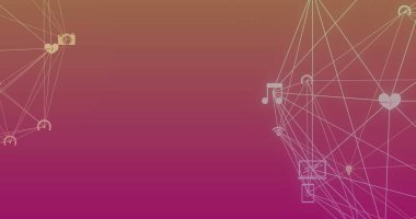 Pembe arkaplandaki simgelerle bağlantı ağının resmi. Sosyal medya ve dijital arayüz konsepti dijital olarak oluşturuldu.