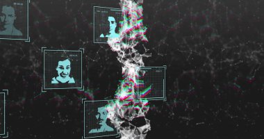 DNA iplikçiklerinin üzerindeki insan simgeleri. Teknoloji, bilim ve dijital arayüz kavramı dijital olarak oluşturulmuş görüntü.