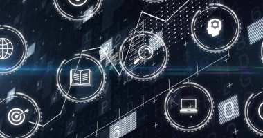 Siyah arkaplanda veri işleme üzerine iş simgelerinin resmi. Küresel teknoloji, hesaplama, bağlantılar ve dijital arayüz konsepti dijital olarak oluşturuldu.