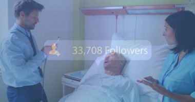 Doctor examining patient in hospital bed, 308,063 Followers text over image. Healthcare, medical, examination, consultation, diagnosis, treatment clipart