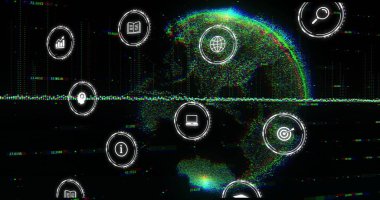 Dijital simgeler ve veri işleme görüntüsü dünya üzerinde arıza efektleri ile birlikte. Teknoloji, küresel ağ oluşturma, fütüristik, siber uzay, yapay zeka