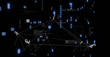 Para birimi sembolleri ve ağ bağlantıları dijital veri arkaplanı üzerinden görüntü. Finans, teknoloji, iş dünyası, ekonomi, para, bağlantı