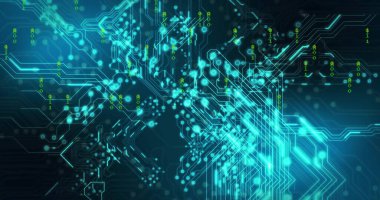 Bilgisayar devre kartında ikili kodlama ve dijital veri işleme resmi. Dijital olarak oluşturulmuş küresel bağlantılar, hesaplama ve veri işleme kavramı.