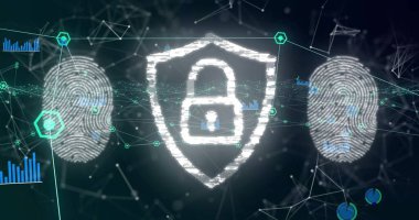 Siyah arkaplan üzerinde asma kilit simgesi olan bir kalkan görüntüsü. Küresel bağlantılar, hesaplama, çevrimiçi güvenlik ve dijital arayüz konsepti dijital olarak oluşturuldu.