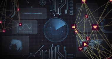 Siyah arkaplanda veri işleme üzerine simgelerle bağlantı ağının resmi. Küresel bağlantılar, hesaplama, çevrimiçi güvenlik ve dijital arayüz konsepti dijital olarak oluşturuldu.